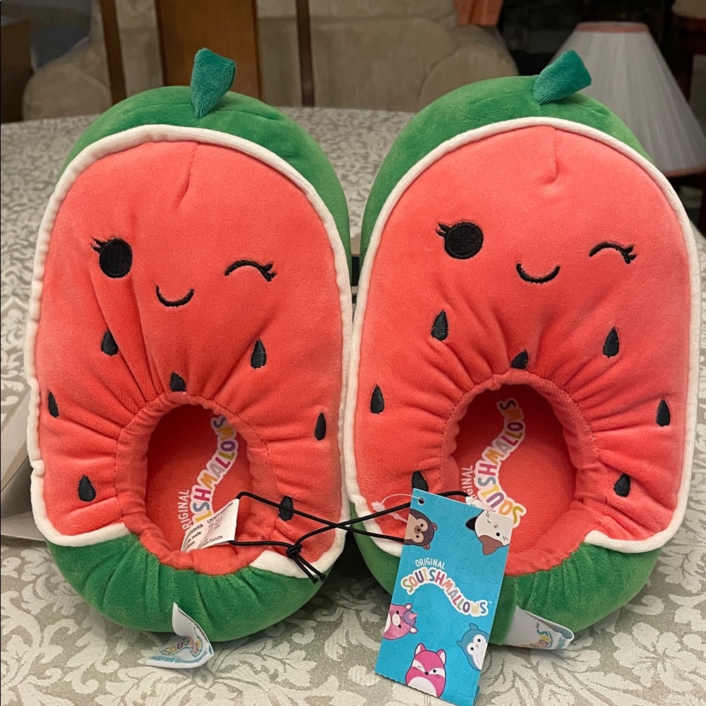 New- Squishmallows Watermelon Plush Slippers - Green and Pink